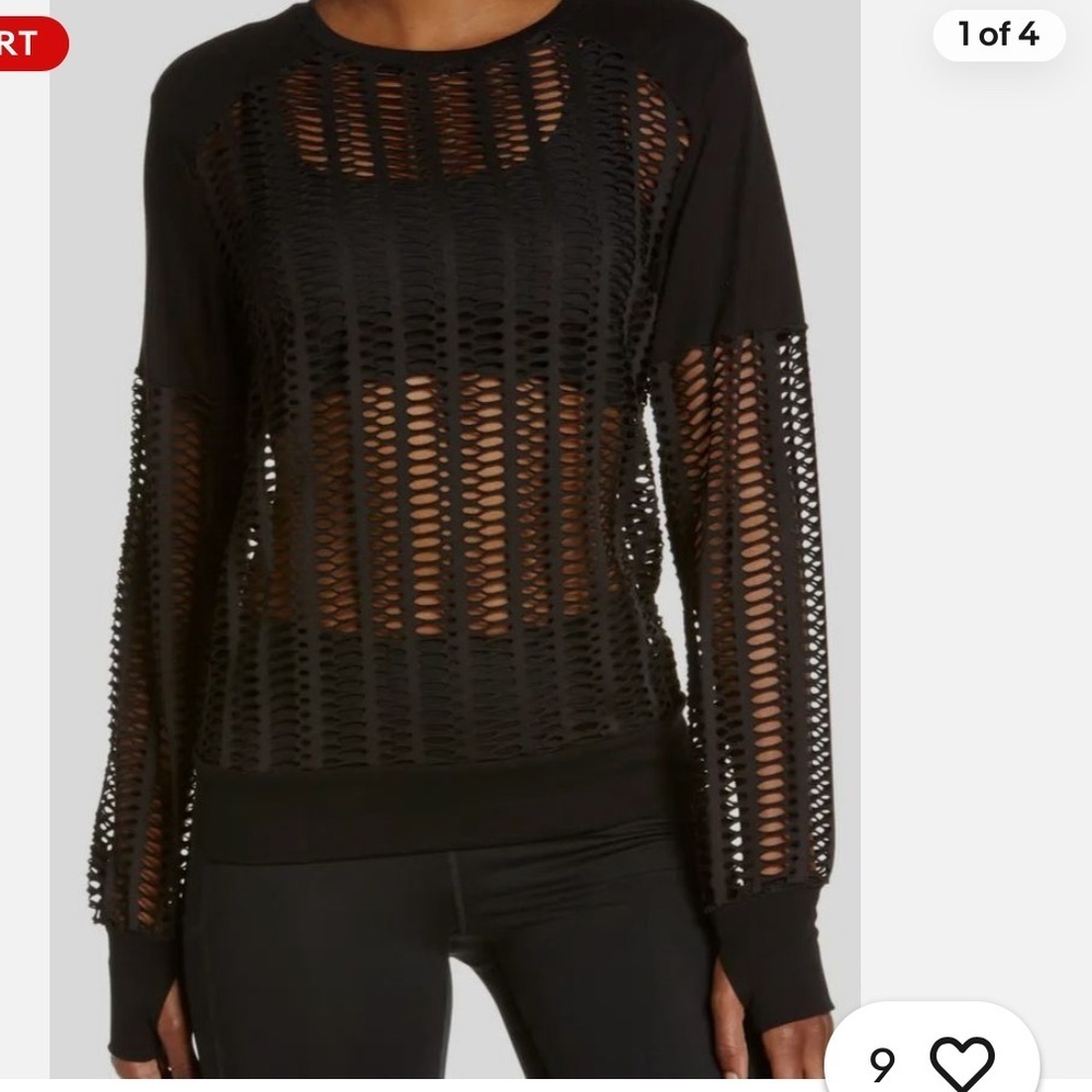BLANC NOIR women’s black LINEAR MESH cutout sweatshirt top thumb hole sleeves M